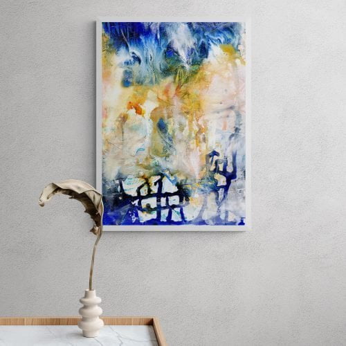 Blue and Orange Abstract Giclee Print in White Frame