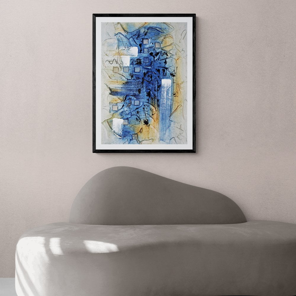 Abstract Blue Modern Giclee Print in Black Frame with Mount