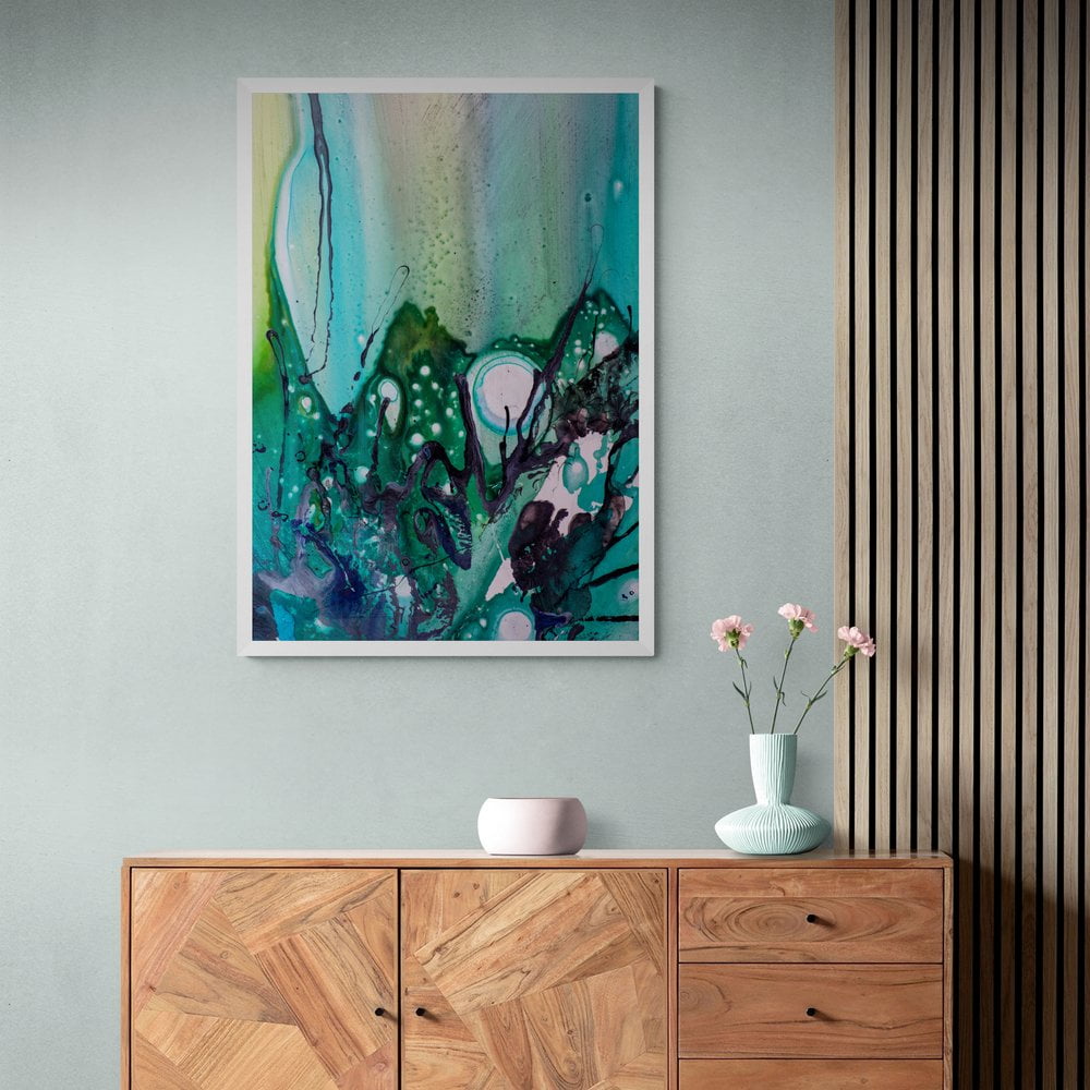 Abstract Turquoise Fluid Giclee Print in White Frame