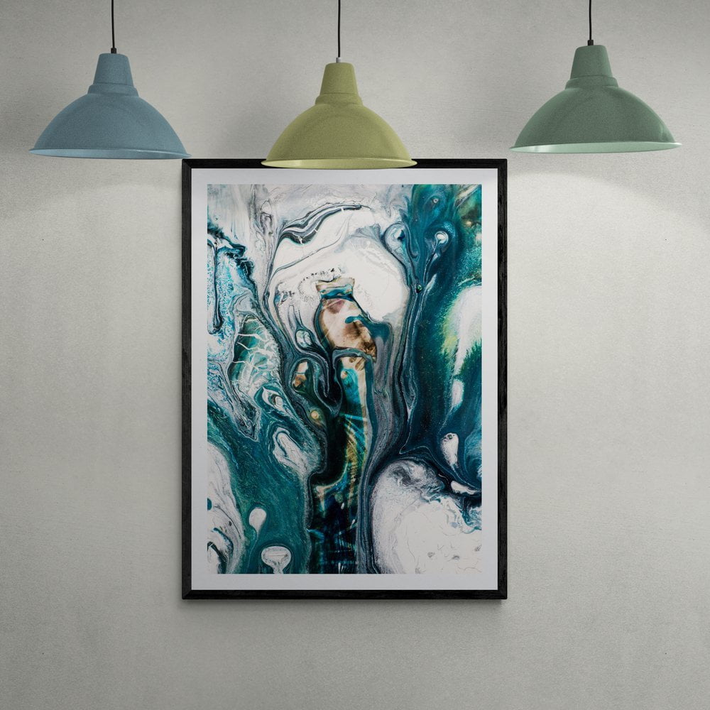 Abstract Blue and White Oil Giclee Print in Black Frame with Mount