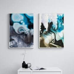 Blue Abstract Painting Print Set of 2 in White Frames