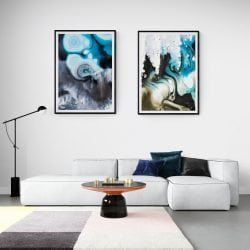 Blue Abstract Painting Print Set of 2 in Black Frames with Mounts