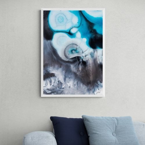Abstract Blue and Grey Giclee Print in White Frame