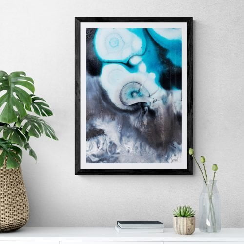 Abstract Blue and Grey Giclee Print in Black Frame with Mount