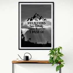The Mountains Are Calling Adventure Print in black frame with mount