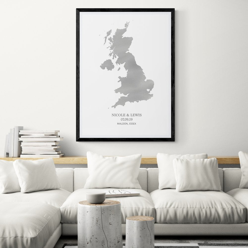 Personalised Map Print in black frame with mount