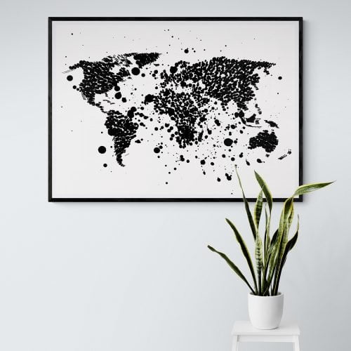 Abstract World Map Print in black frame with mount