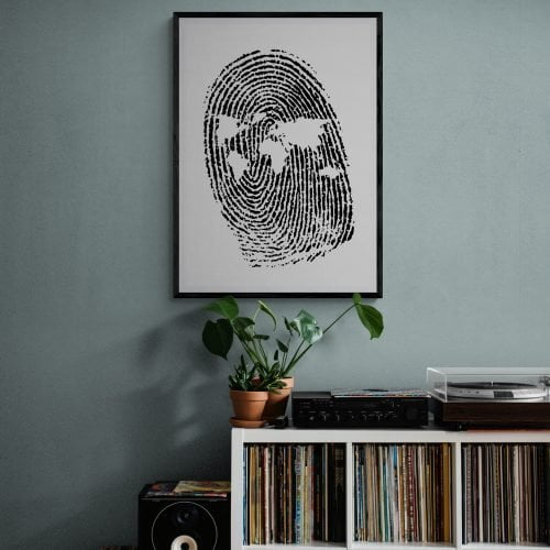 World Map Fingerprint Print in black frame with mount