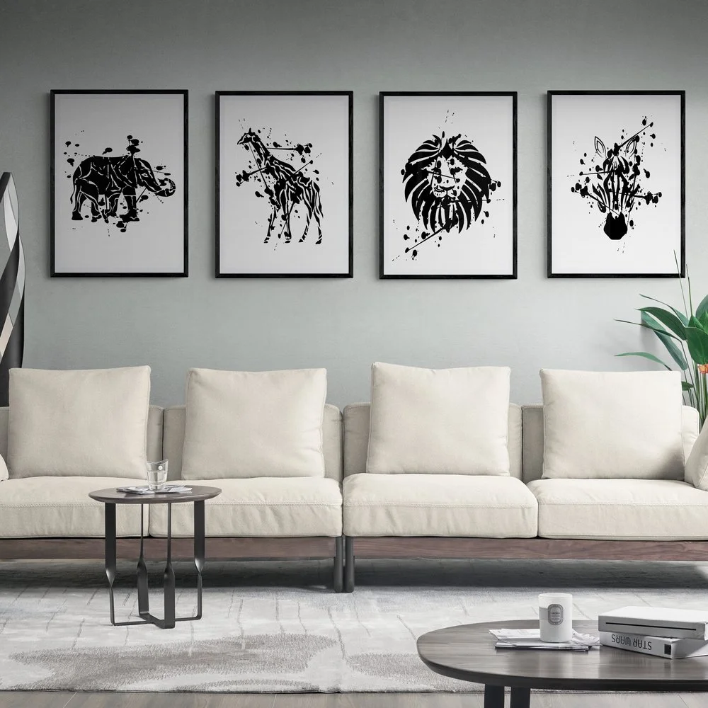 Abstract African Animal Print Set of 4 in black frames with mounts