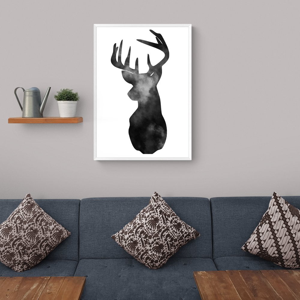Stag Head Watercolour Print in white frame