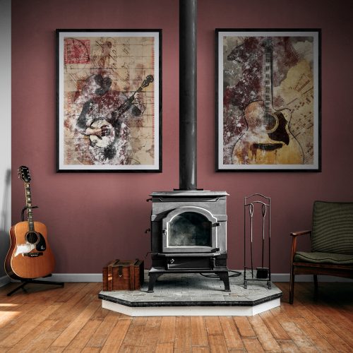 Abstract Guitar Print Set of 2 in black frames with mounts