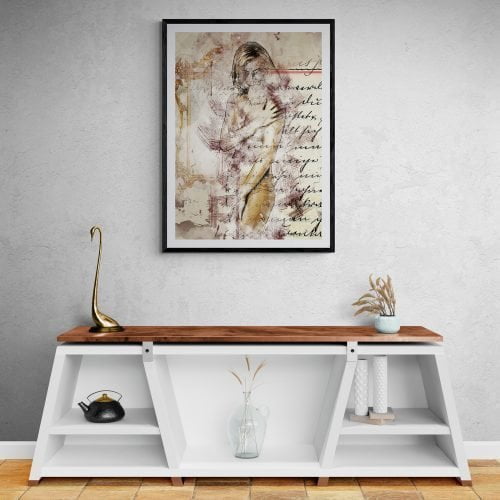 Abstract Nude Woman Art Print in black frame with mount