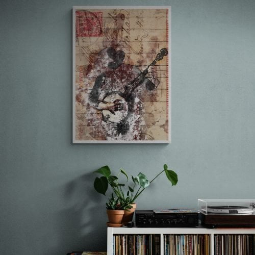 Banjo Guitar Player Collage Print in white frame