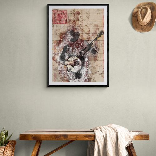 Banjo Guitar Player Collage Print in black frame with mount