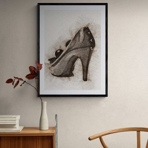 High Heel Shoe Sketch Print in black frame with mount