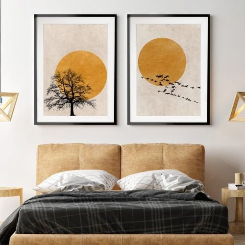 Autumn Sun Silhouette Print Set of 2 in black frames with mounts