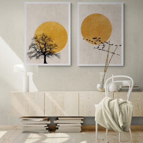 Autumn Sun Silhouette Print Set of 2 in white frames
