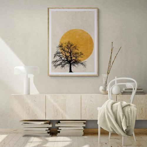 Tree Silhouette Sun Print in natural wood frame with mount