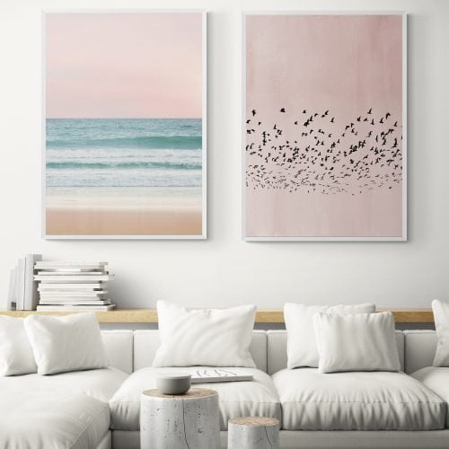 Blush Birds and Ocean Print Set in white frames