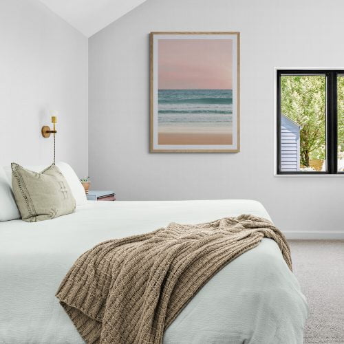 Blush Pink Beach Sunset Print in natural frame with mount