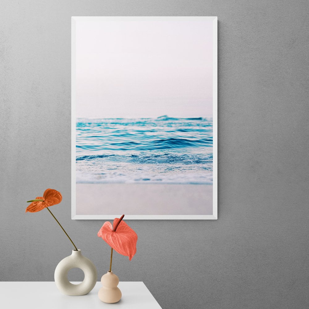 Pastel Pink Ocean Print in white frame