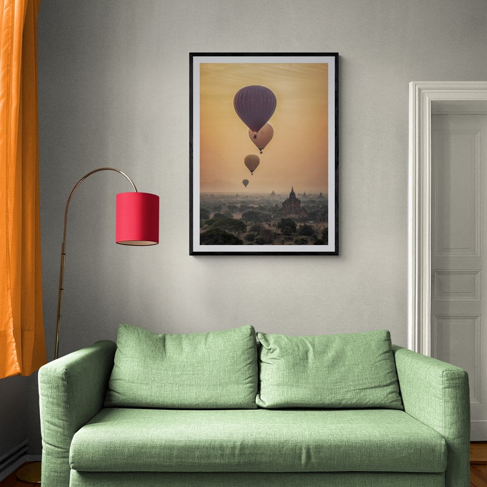 Hot Air Balloons at Sunset Photography Print in black frame with mount