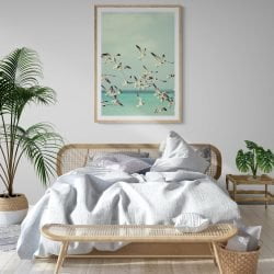 Seagulls Flying Print in natural wood frame with mount