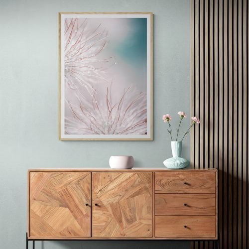 Dandelion Photography Print in natural wood frame with mount