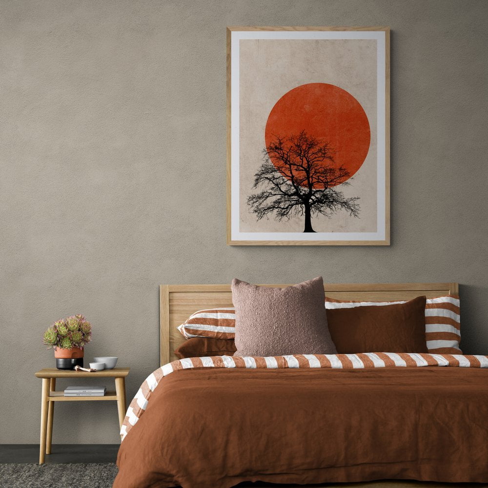 Red Sun Tree Silhouette Print in natural wood frame with mount