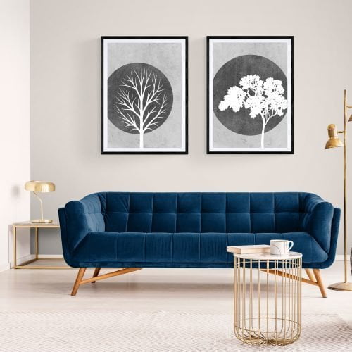 Grey Tree Silhouette Print Set of 2 in black frames with mounts