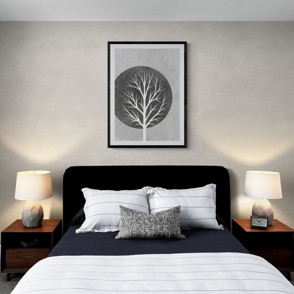 Grey Tree Silhouette Print in black frame with mount
