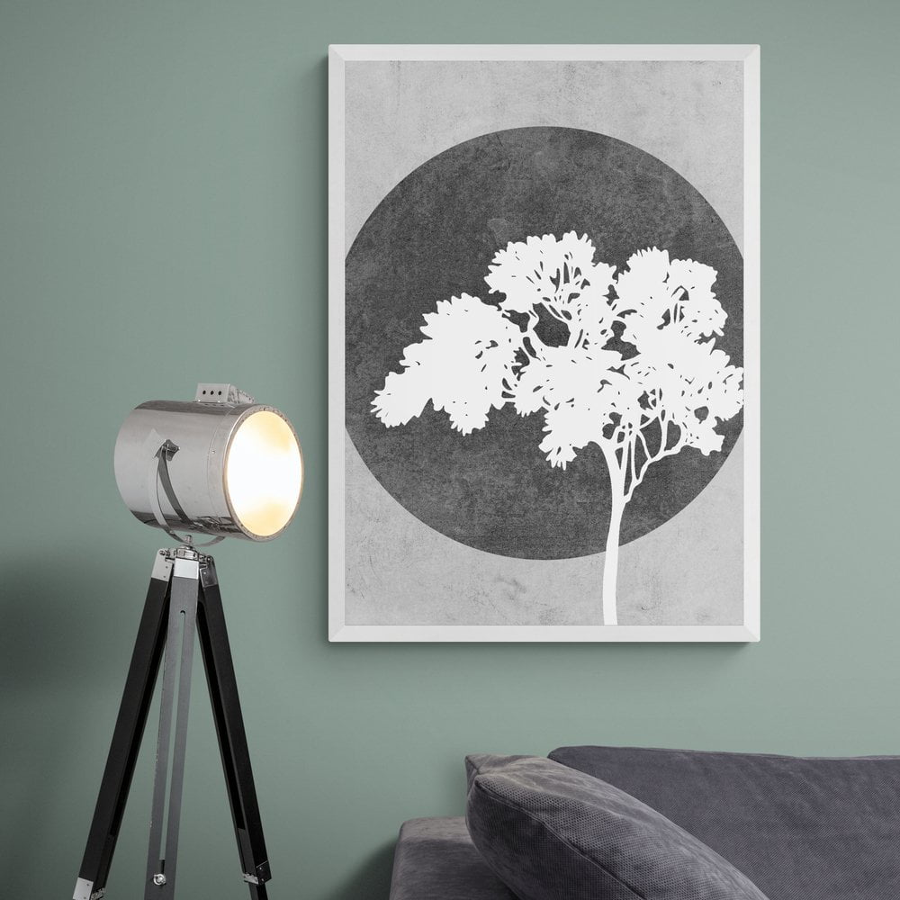 Grey and White Tree Silhouette Print in white frame