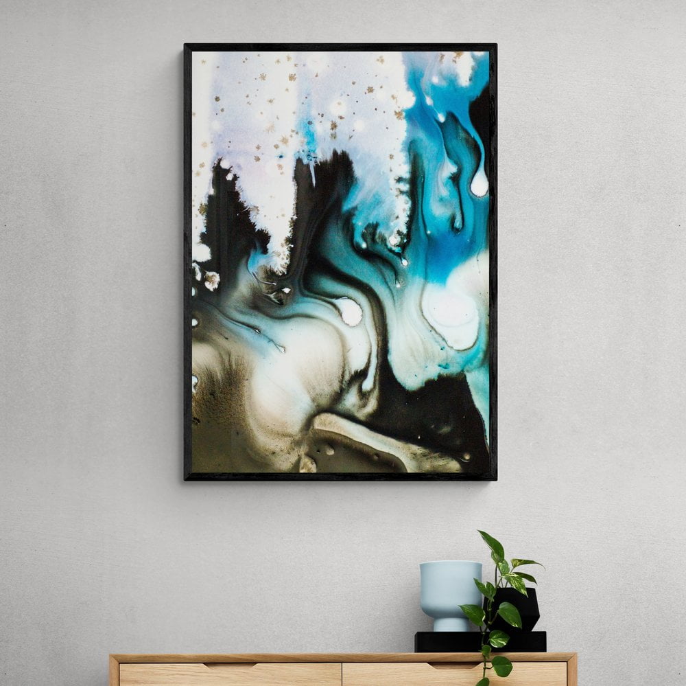 Abstract Blue, Black and White Giclee Print in black frame