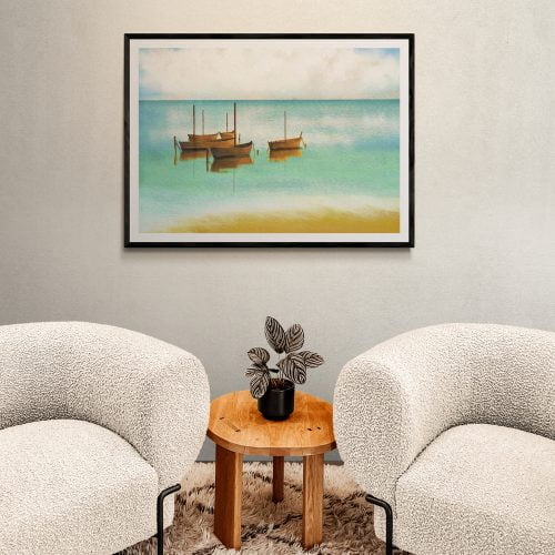 Boats On The Ocean Painting Print in black frame with mount