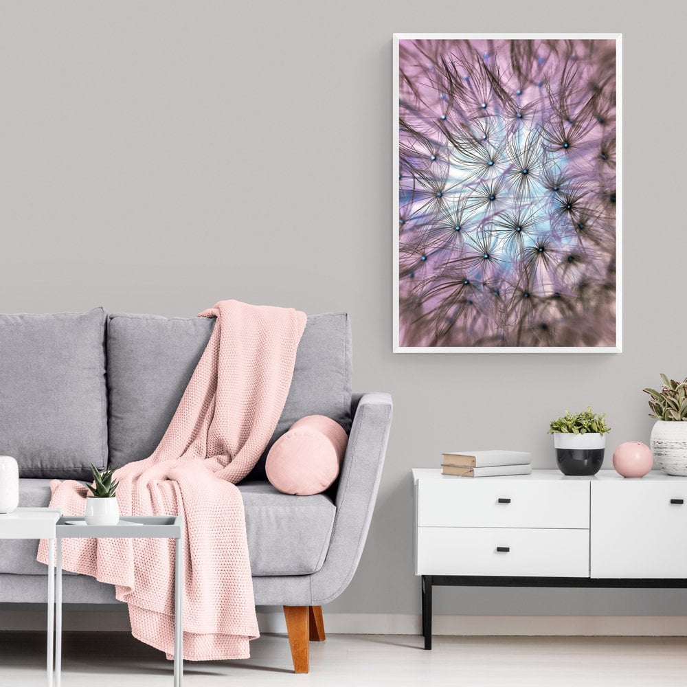 Pink Dandelion Photography Print in white frame