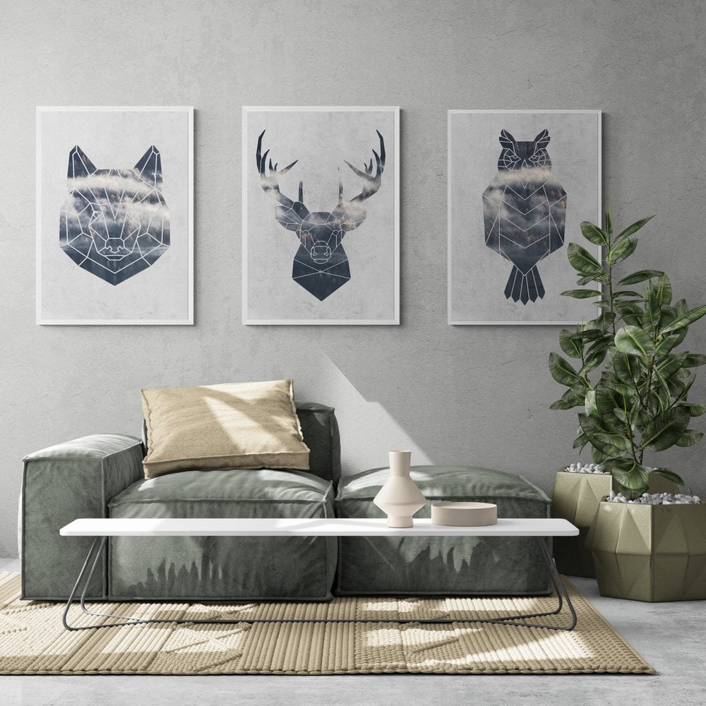 Geometric Animals Print Set of 3 in white frames