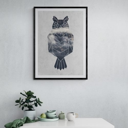 Geometric Owl Print in black frame with mount