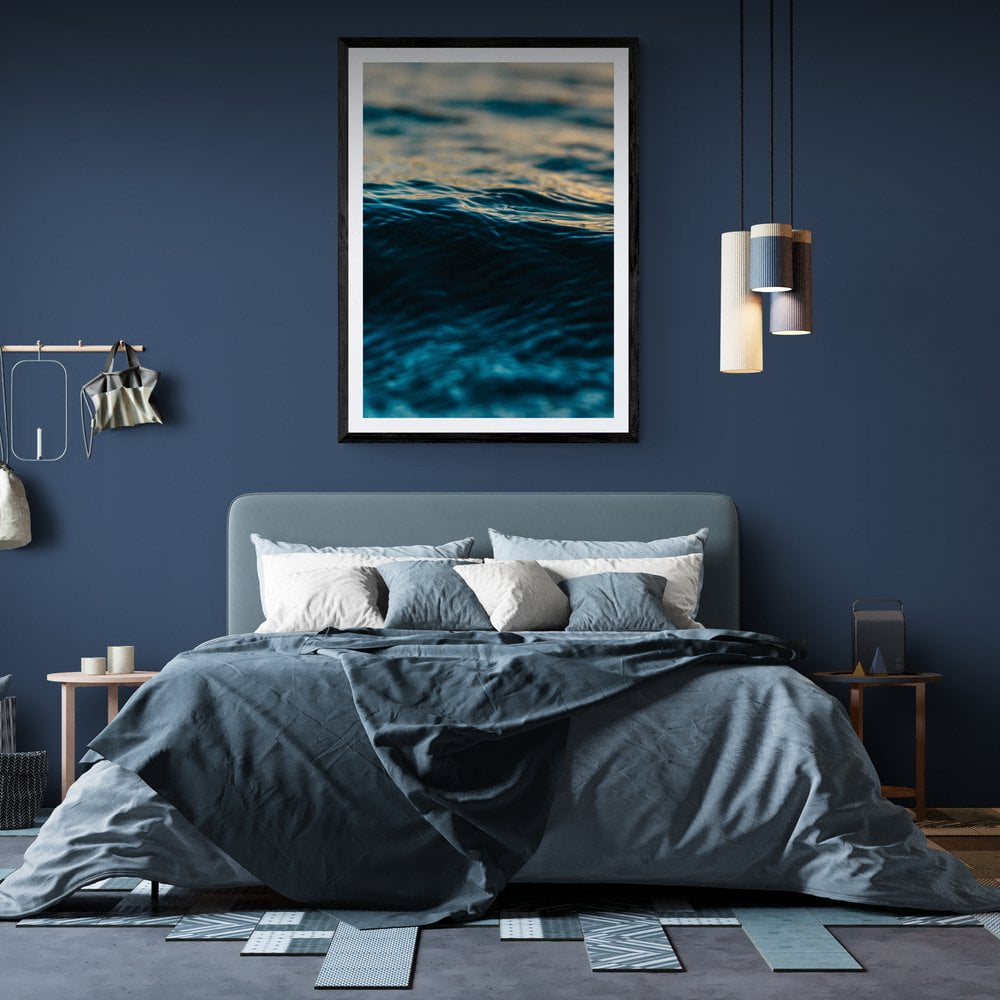 Blue Ocean Wave Print in black frame with mount