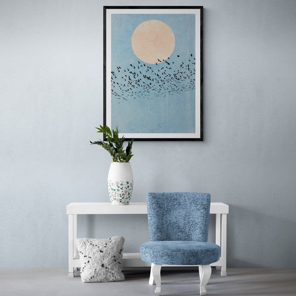 Moonlight Flying Birds Print in black frame with mount