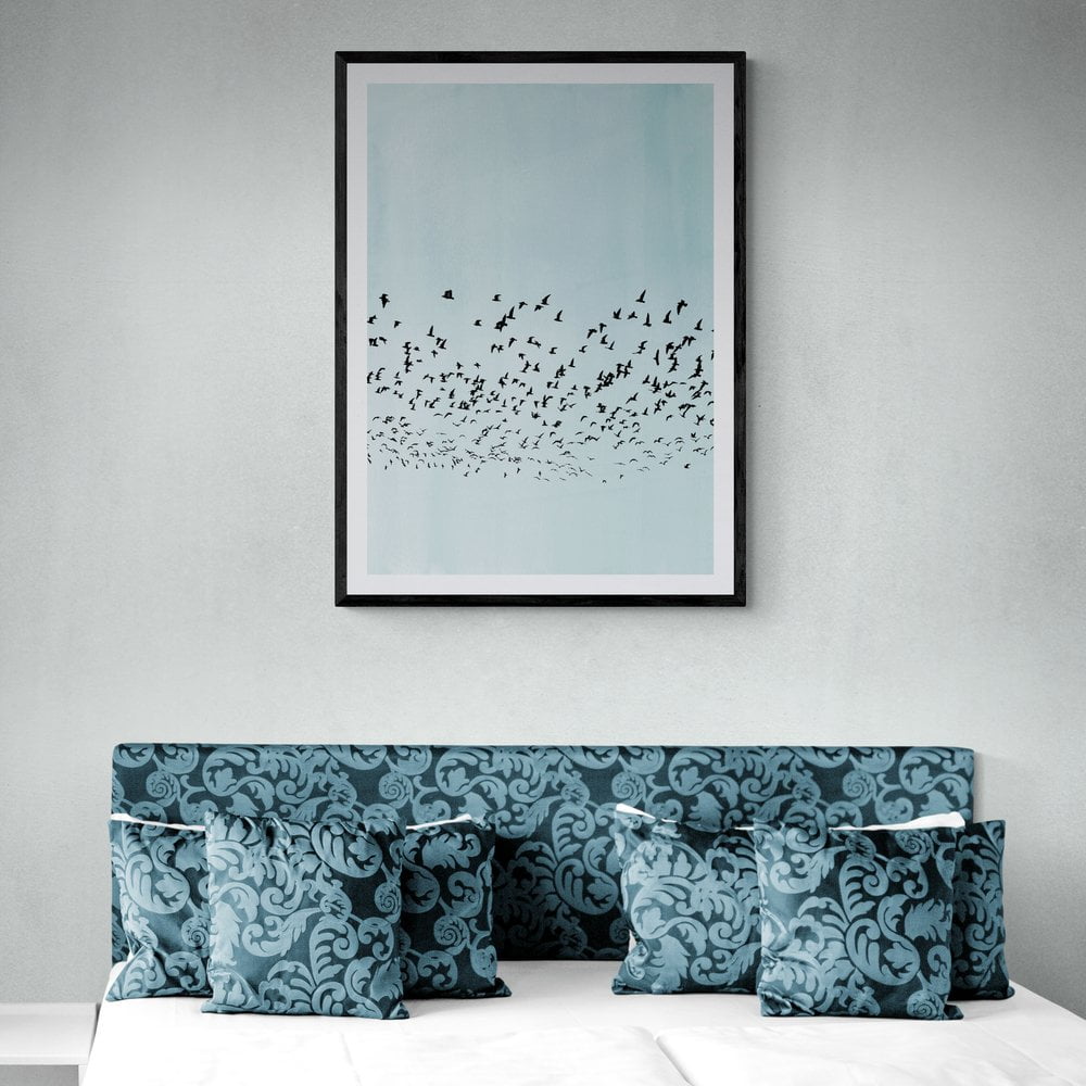 Blue Flock of Birds Print in black frame with mount
