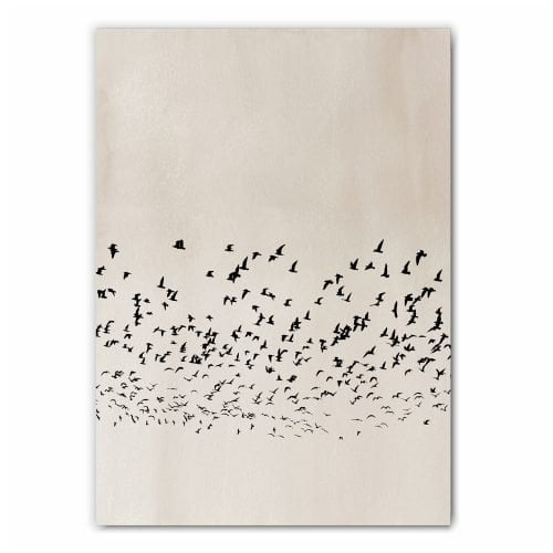 Beige Flock of Birds Print in White Frame with Mount