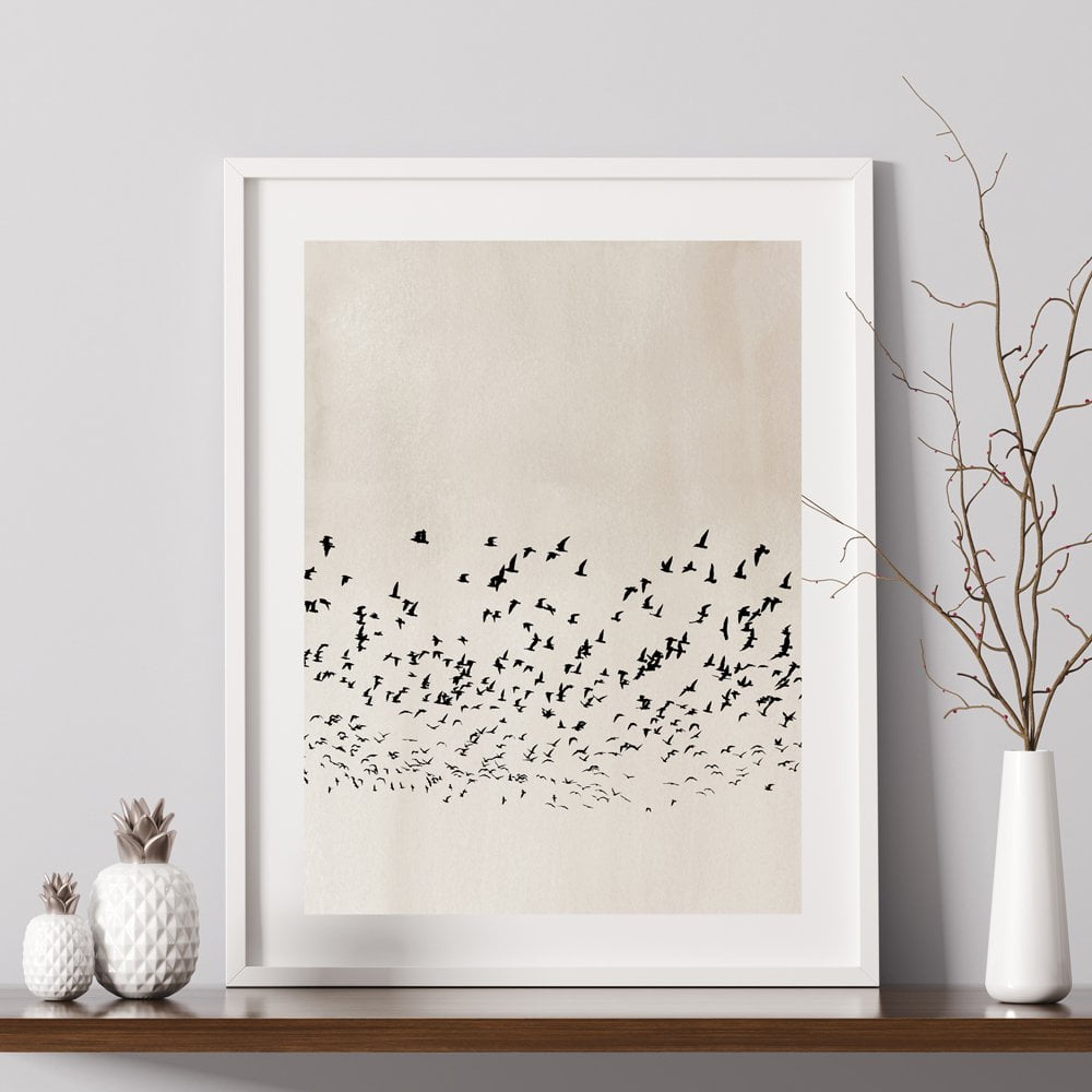 Beige Flock of Birds Print in White Frame with Mount