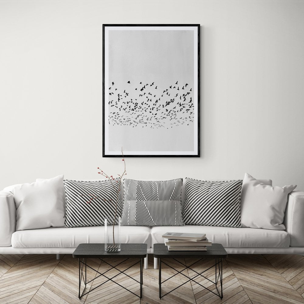 Monochrome Flock of Birds Print in black frame with mount