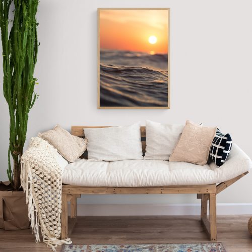Sunset Waves Print in natural wood frame