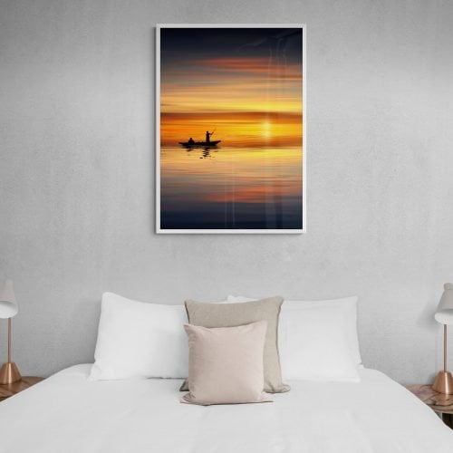 Fishing Boat at Sunset Print in white frame