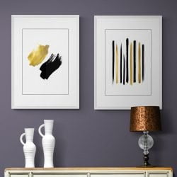 Black and Gold Abstract Print Set of 2 in white frames