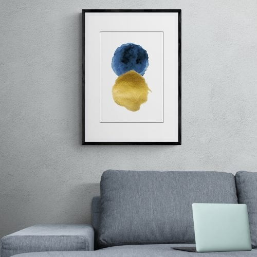 Blue and Gold Abstract Print in black frame with mount