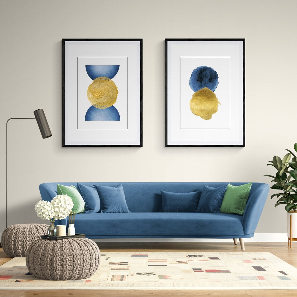 Blue and Gold Abstract Print Set of 2 in black frame with mount