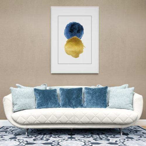Blue and Gold Abstract Print in white frame