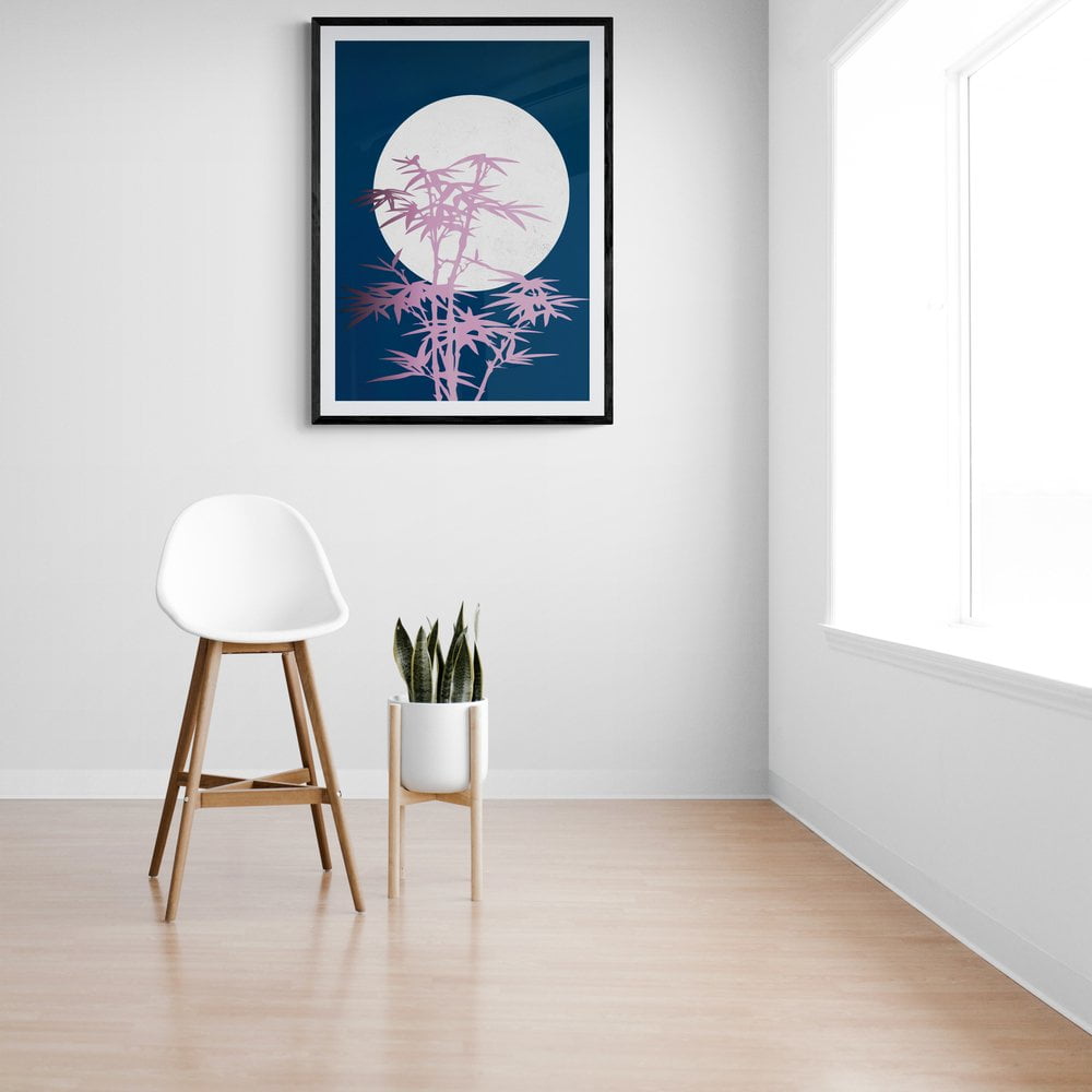 Pink Bamboo Silhouette Print in black frame with mount
